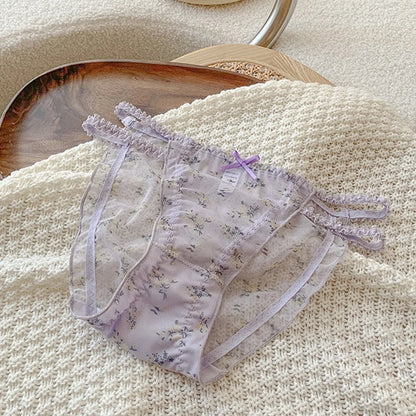 Women's Panties Cross Waistband Hipsters Low Rise Lace Strappy Panties Transparent Mesh Floral Pattern Sweet Bowknot Sexy Female