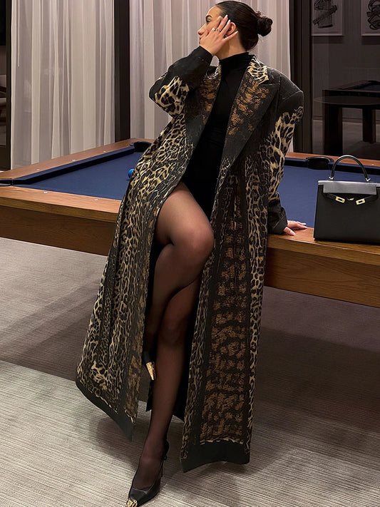 Kliou Leopard Print Trench Coat Woman Autumn Trend High Waist Bandage Cardigan Lapel Full Sleeve Street Fashion Style Clothing