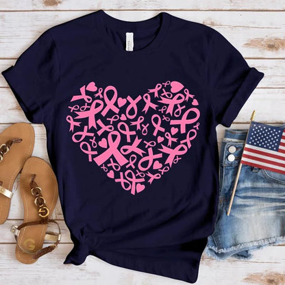 New Breast Cancer Awareness Heart Print T-Shirt Men Women Fashion Short Sleeve Casual Summer Tops Tees