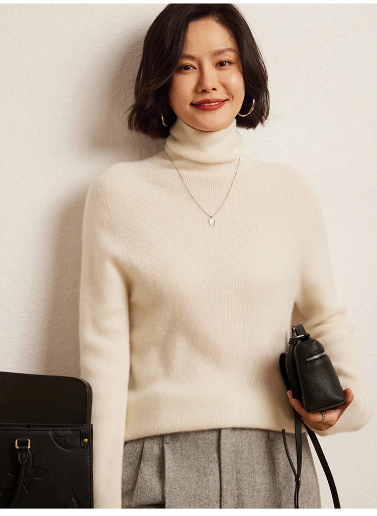 100% cashmere sweater women's knitted pullover sweater high neck solid color slim fit soft cashmere basic women's sweater