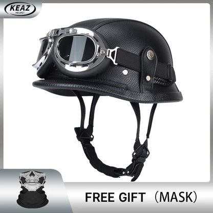 Factory Price Motorcycle German Style Leather Half Face Helmet DOT Approved Cap1/2 Shell Helmets+Goggles Open-Face Casque