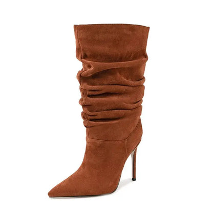 2025Women's Autumn and Winter New Pleated High-heeled Short Boots with Pointed Sleeves, Women's 35-47 Large Mid Length Boots
