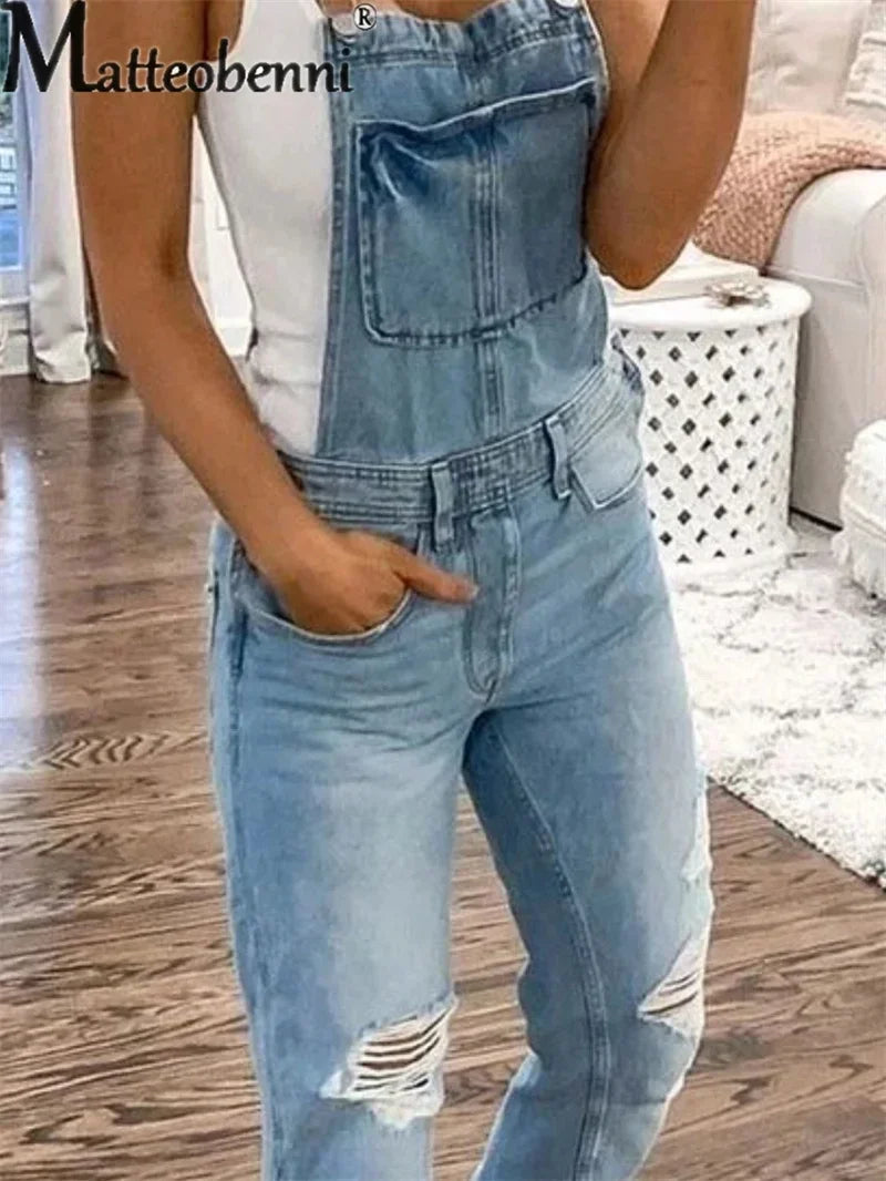 Fashion Broken Holes Straight Jeans Splicing Pocket Strap Pants Women's Street Casual Versatile Basic Jumpsuit Female Rompers 23