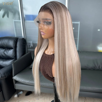Long Heat Resistant 13x6 Synthetic Lace Front Wig Japan Futura Hair Ombre Highlights Silky Straight Hair Pre Plucked Hairline