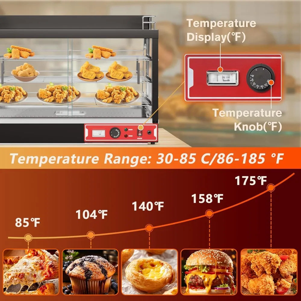 35inch 3-Tier Commercial Food Warmer with Top Rack for Milk Juice, Countertop Heat Holding Cabinet Display Case for Pizza/Pretze