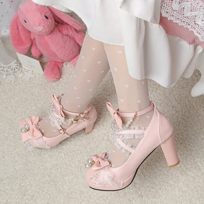 Cross Strap Women High Heels Mary Jane Pumps Party Wedding Cosplay White Pink Black Strawberry Bow Princess Cosplay Lolita Shoes
