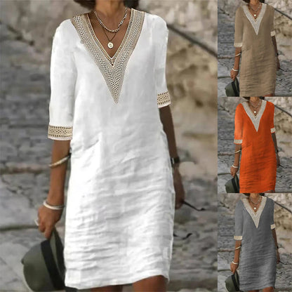New solid color V-neck mid-sleeved elegant dress