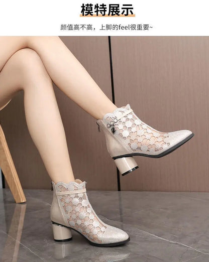 2026 Spring Summer Fashion Rhinestones Gauze Sandals Thick Heels Mesh Autumn Ankle Boots Female Hollow Women's Shoes