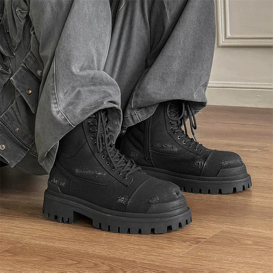 Hole High-top Motorcycle Boots for Men Lace-up Do-the-old Thick Bottom Short Ankle Boots with Zipper Man Black Boots