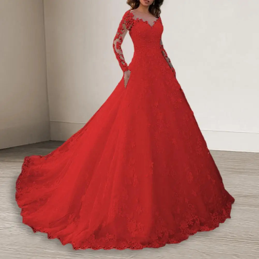 Detail Lace Cocktail Party Dress Floral Embroidere Maxi Dress Women Wedding Bride Dress Lace Long Sleeve Back Zipper Lace