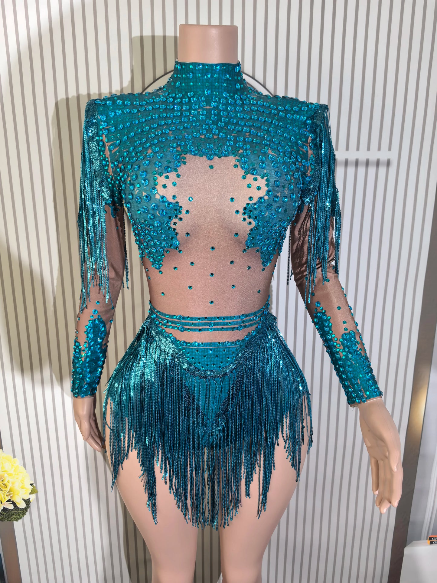 Rhinestones Women DanceCostume Fringes One Shoulder Bodysuit  Sexy Skinny Leotard Singer Dancer Show StageWear Sparkly Blue