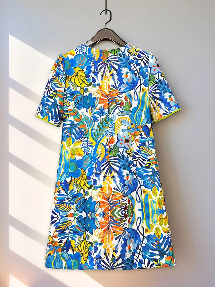 2026 Printed Beaded Dress Women Short Sleeve O Neck a Line Dress Elegant Fashion Summer Ladies Casual Party Midi Dress