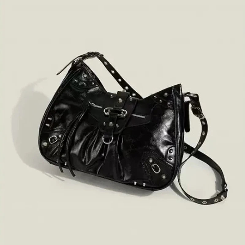 SHELKSBAG Motorcycle Cool Girl Vintage Leather Shoulder Message Bag Large Capacity Crossbody New Women's Bags Grunge Y2K