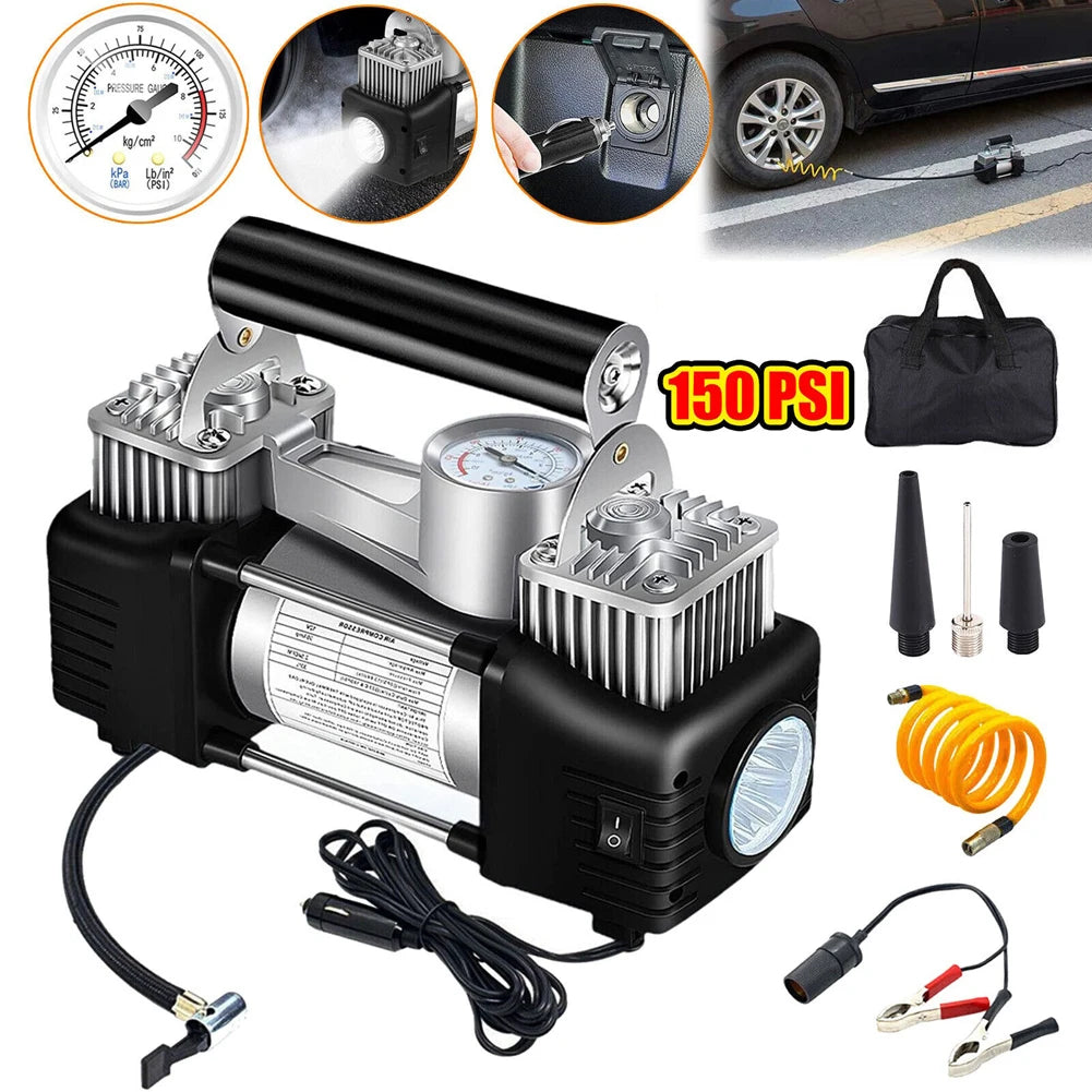 12V Portable Dual Cylinder Air Pump Heavy Duty Car Truck Air Compressor 150PSI Car Digital Tyre Inflator Tyre Inflatable Pump