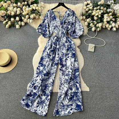 Women's Print Jumpsuit Casual V-neck Bubble Sleeve Backless Lace-Up Slimming Summer Beach Vacation Loose Wide Leg Jumpsuit