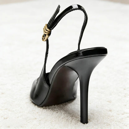 Luxury Patent Leather Metal Buckle Slingbacks Women Pumps Sexy Pointed Toe High Heels for Ladies Elegant Banquet Office Shoes