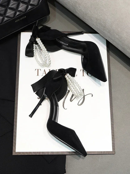 Shoes for Women 2023 Brand Spring Women's Pumps Pointed Toe Solid Flock Beads Bow Tie Buckle Shallow Mouth Novelty High Heels