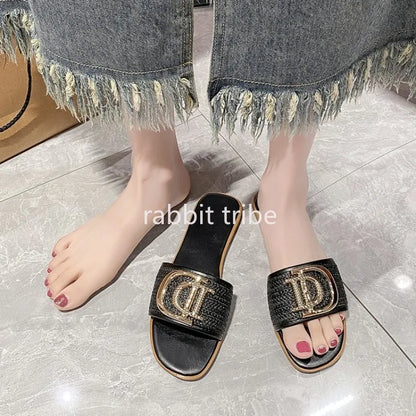 Women Luxury Decor Weave Design Flat Sandals Fashion Open-toe Vacation Casual Slides Party Sexy Elegant Office-Ladies New Shoes