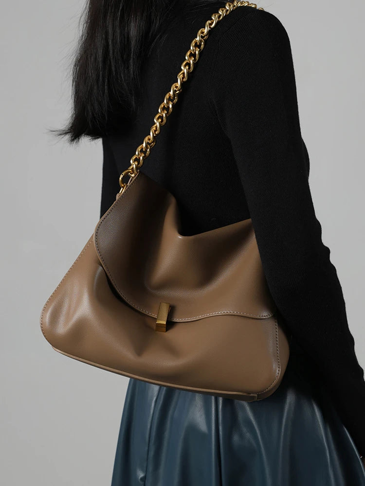 Toptrends Genuine Leather Large Chain Shoulder For Women 2026 Luxury Designer Office Messenger Bags Satchel Cow Ladies Handbags
