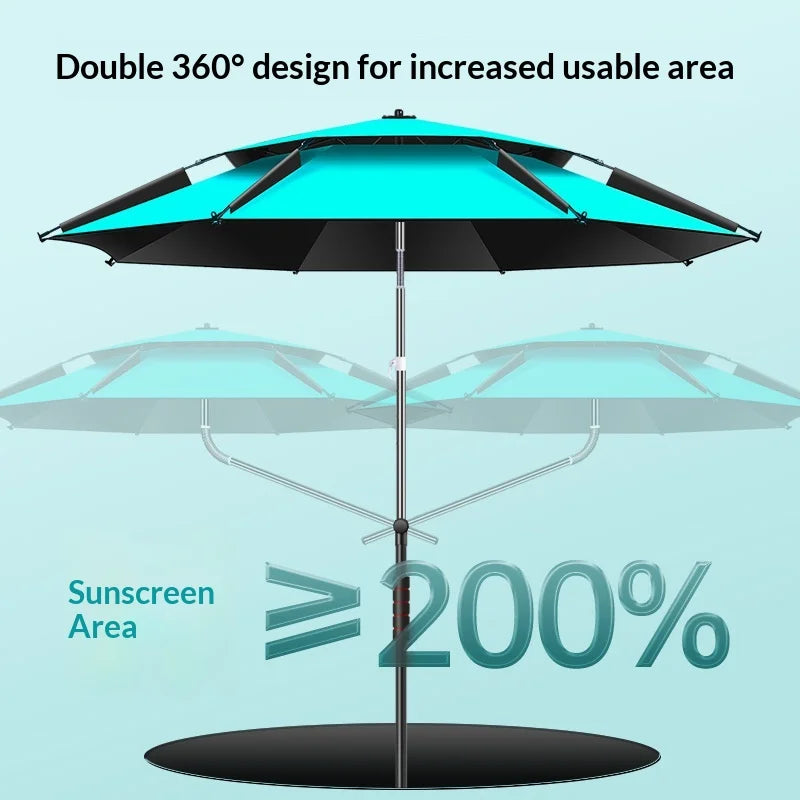 Outdoor Fishing Umbrella Heavy Duty Double Layer UV Protection Waterproof Upgraded Black Coating Patio Beach Base Included