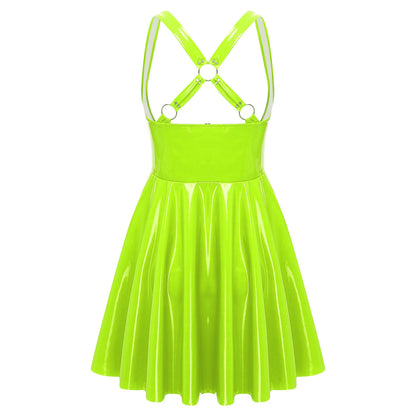 Gothic Punk Women Wet Look Latex Leather Dress Sleeveless Front Cut Out Cups Bodycons Dress Sexy Raves Party Nightclub Clubwear