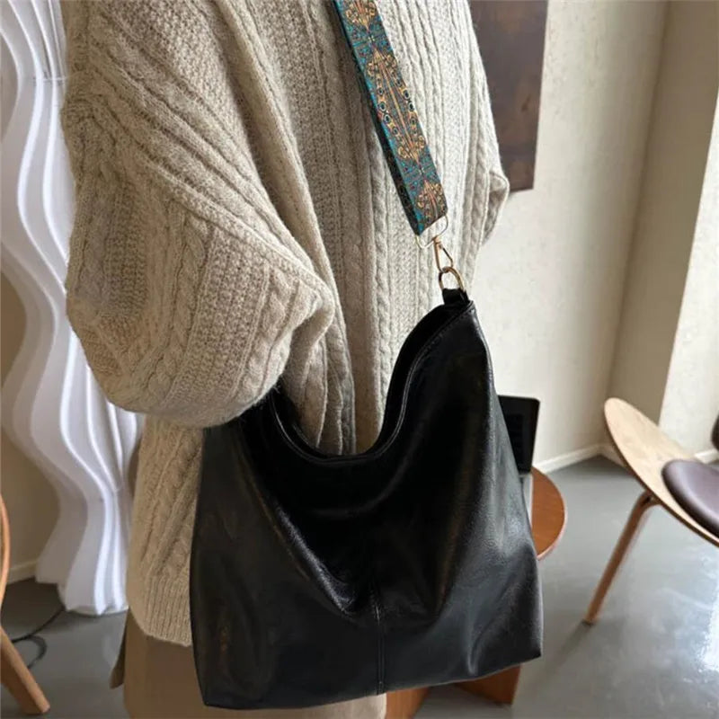 Bohemian Style Women Shoulder Bag, Vintage Wide Strap Crossbody with Intricate Embroidery, Versatile for Casual Commuting Wear