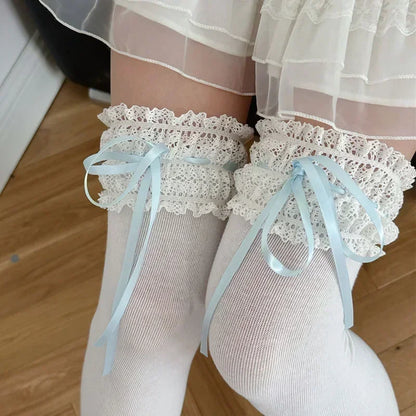 Lolita Over Knee-high Socks Cotton Sweet Lace Bow Ribbon Kawaii Calf-length Socks Thigh-high Stockings JK Cosplay Accessories