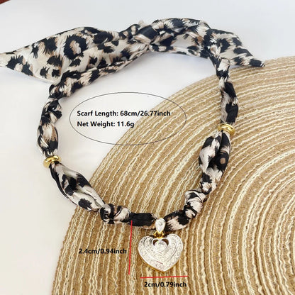 Women’s Fashion Scarf Necklace with Large Stainless Steel Heart Pendant Stackable Bandana Jewelry