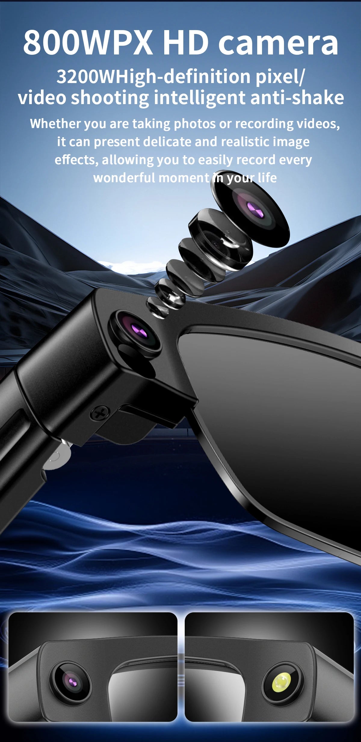 2026 Smart Glasses 800W HD Camera Anti Shake Video Recording Music AI Object Recognition WIFI Transmission BT Call Smart Glasses