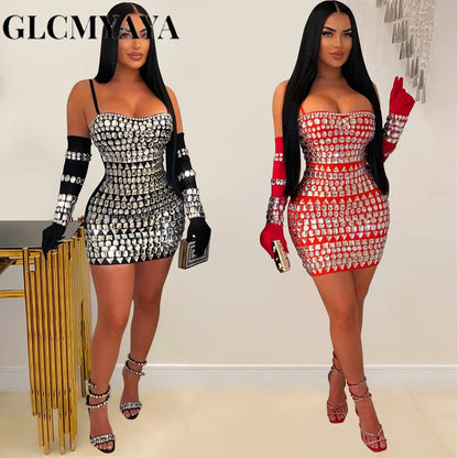 GLCMYAYA Women Diamonds Hot Rhinestones Crystal Spaghetti Strap Birthday Bodycon Midi Dress Sexy Party Even Dresses Vestidos