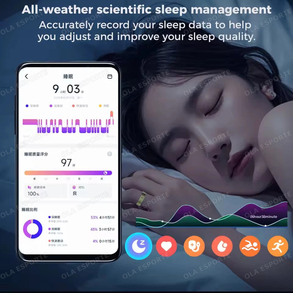 Men Women Fashion Smart Ring Sleep Heart Rate Blood Pressure Monitoring Bluetooth Connection Multiple Sports Modes Fitness Rings