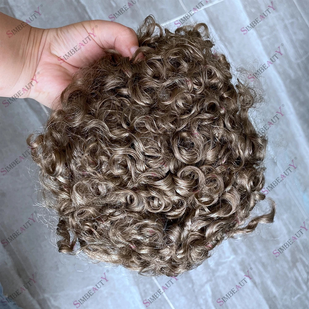 Microskin 0.06mm-0.08mm PU Base Natural Hairline Men's Curly Blonde Human Hair Wig Hair Replacement Capillary Prosthesis Toupee