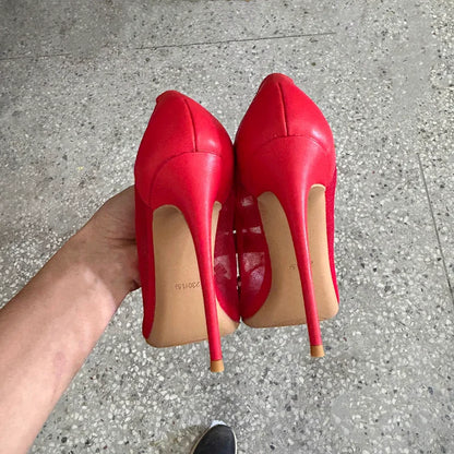 New Design Red Diamond Sexy 12cm 10cm Woman High Heels Pointed Toe Shallow Stilettos Pumps Lace Breathable Wedding Party Shoes