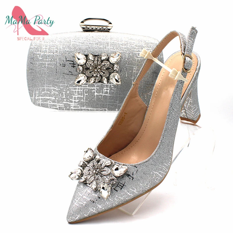 Fuchsia Color Italian Classics Design African Women Shoes and Bag Set High Quality with Shinning Crystal for Wedding Party