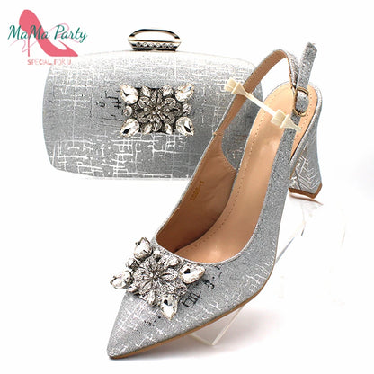 Fuchsia Color Italian Classics Design African Women Shoes and Bag Set High Quality with Shinning Crystal for Wedding Party