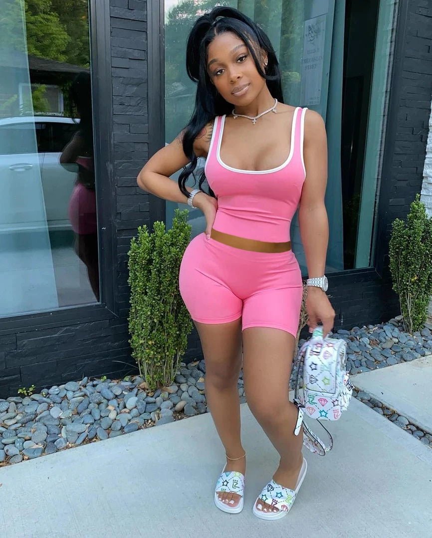 2024 European and American Women's Fashion Sexy Sports Solid Color Tank Top Shorts Set
