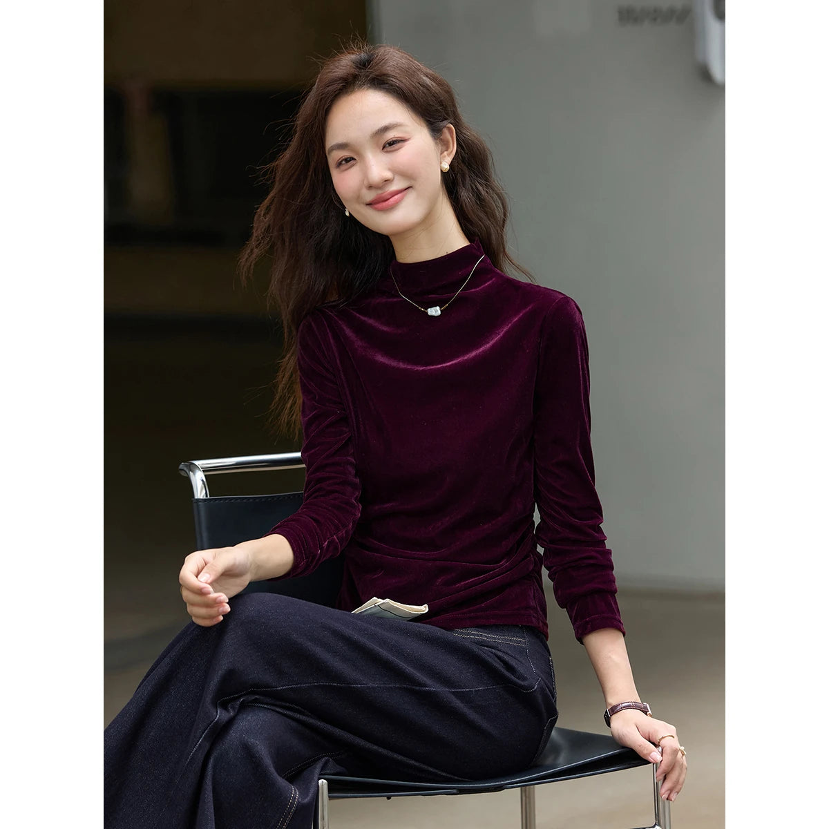 VIMLY Women's Red Velvet T-shirt Casual Knitted Slim Fit Tops Winter 2026 Vintage Mock Neck Folds Long Sleeve Ladies Tees A3305