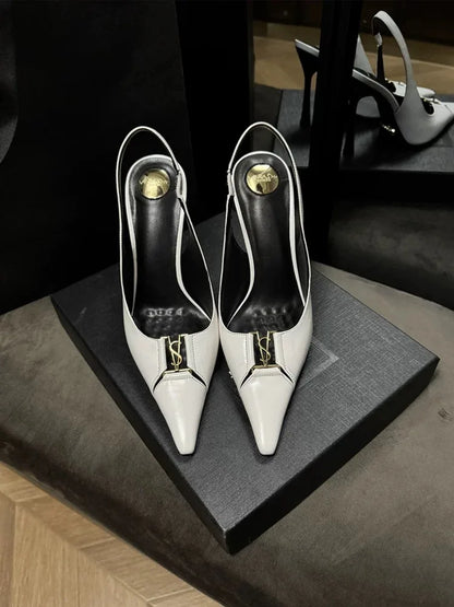 Pointed Toe Patent Leather Pumps Women Metal Decor Shallow Mouth Thin Heel Sandals Spring Summer Party Dress Shoes Single Shoes
