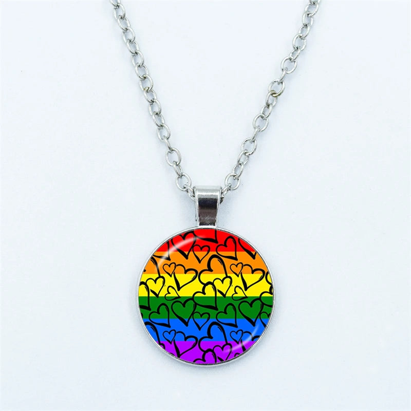 Rainbow Necklace LGBT Lesbian Gay Pride Rainbow Friendly Print Art Pattern Glass Cabochon Pendant Couple Chain Necklace Gift