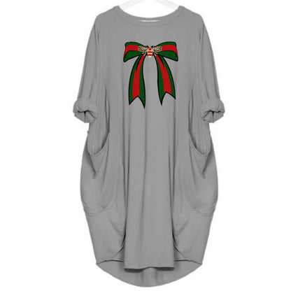Ladies' summer loose bee bow pattern printed round neck short sleeved pocket comfortable casual plus size dress