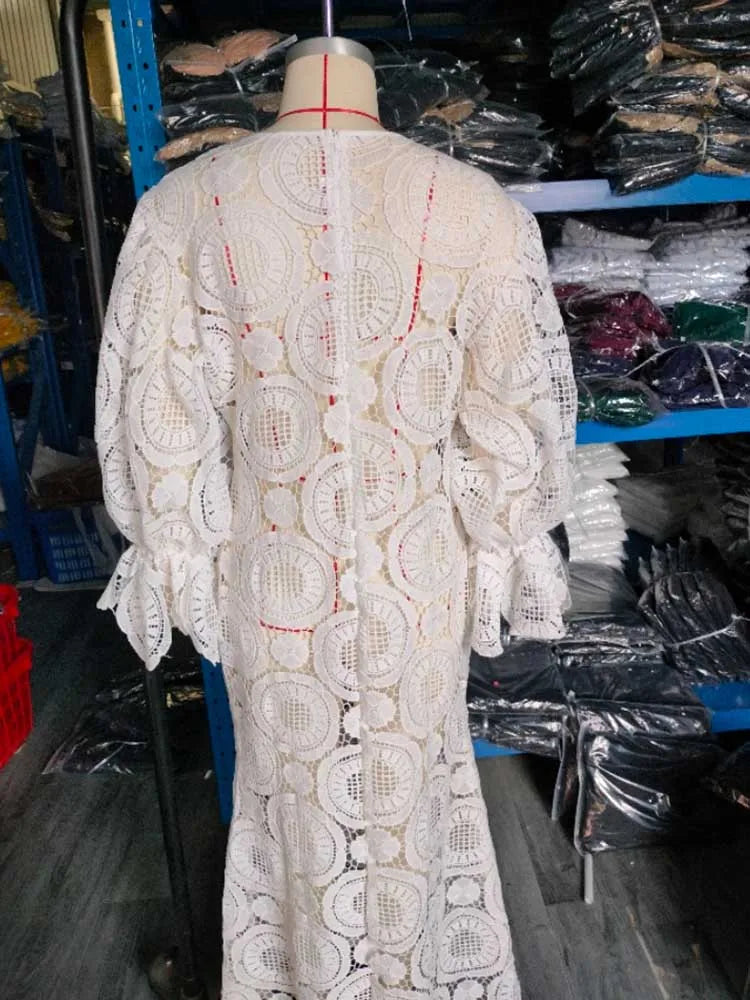 Womens White Lace Spring Dress Round Neck Vintage Beautiful Dresses Hollow Out Female Straight Gorgeous Dress Chic