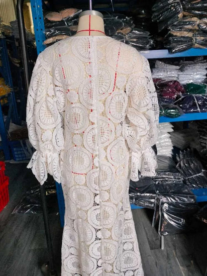 Womens White Lace Spring Dress Round Neck Vintage Beautiful Dresses Hollow Out Female Straight Gorgeous Dress Chic
