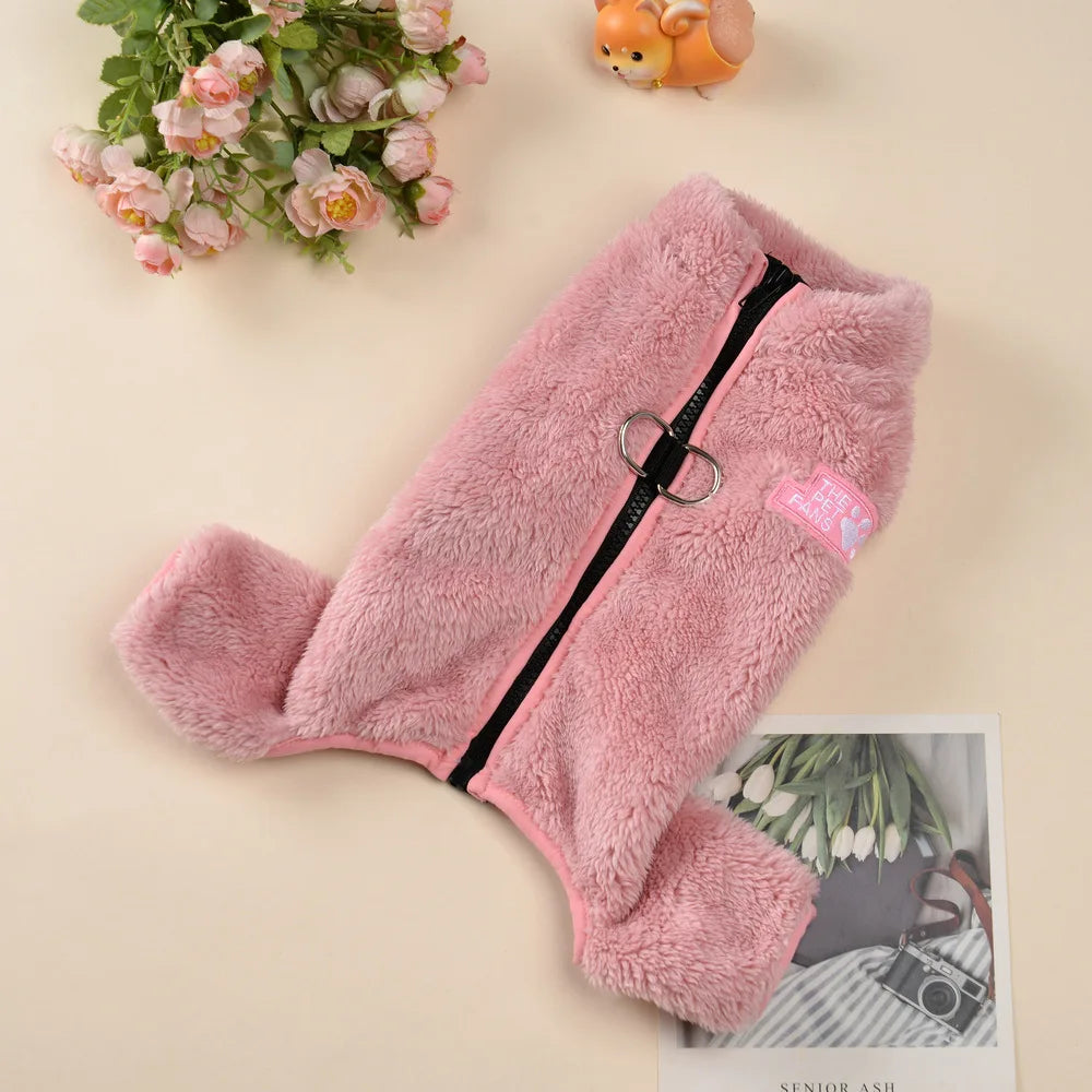 Soft Fleece Dog Clothes Winter Four Legs Covered Plush Pet Coat D-Ring Zipper Puppy Jacket Autumn Overall For Small Middle Dog