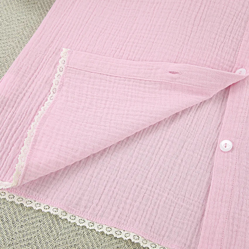 Casual Crape Cotton Pink Two Pieces Sets Women Lace Lantern Sleeve Shirts And Baggy Shorts Sleepwear Spring Summer