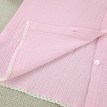 Casual Crape Cotton Pink Two Pieces Sets Women Lace Lantern Sleeve Shirts And Baggy Shorts Sleepwear Spring Summer