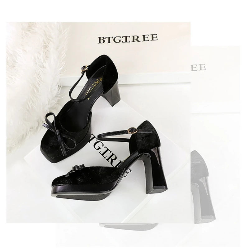 Velvet Platform Ankle Strap High Heels With Bow Block Heel Party Prom Evening Formal Comfortable Thick Heel Closed Toe Sandals