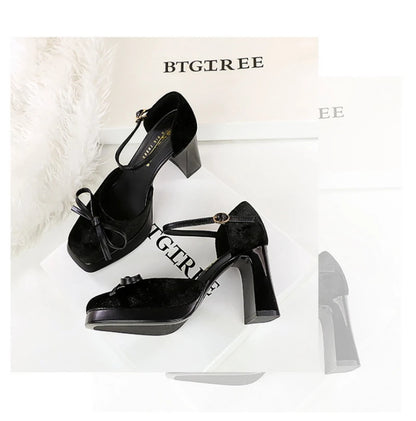 Velvet Platform Ankle Strap High Heels With Bow Block Heel Party Prom Evening Formal Comfortable Thick Heel Closed Toe Sandals
