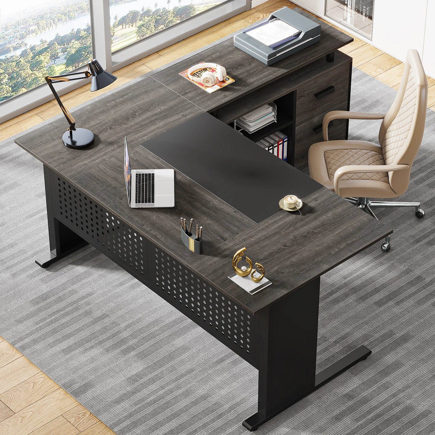 Tribesigns 63 Inch Executive Desk with File Cabinet, Large Office Desk L Shaped Computer Desk with Drawers and Storage Shelves