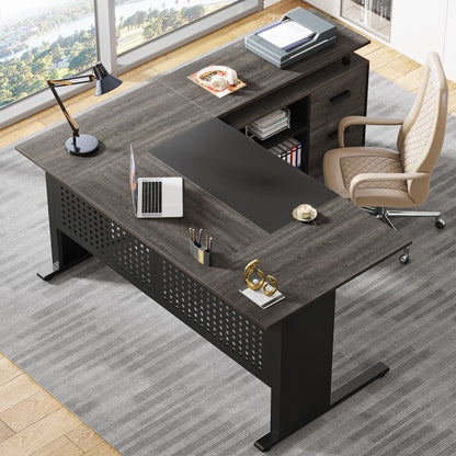 Tribesigns 63 Inch Executive Desk with File Cabinet, Large Office Desk L Shaped Computer Desk with Drawers and Storage Shelves