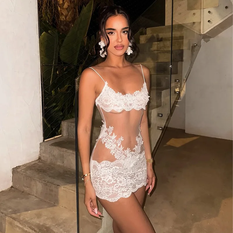 Hugcitar Women'S Fashion Lace Solid Slips Patchwork Sexy Slim See Through Mini Dress Summer Vacation Party Night Club Outfit